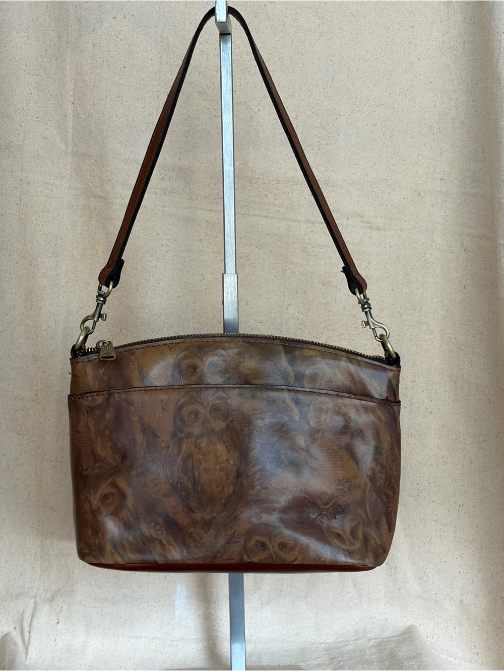 Patricia Nash Marcie Small Owl Print Brown Leather Shoulder Bag